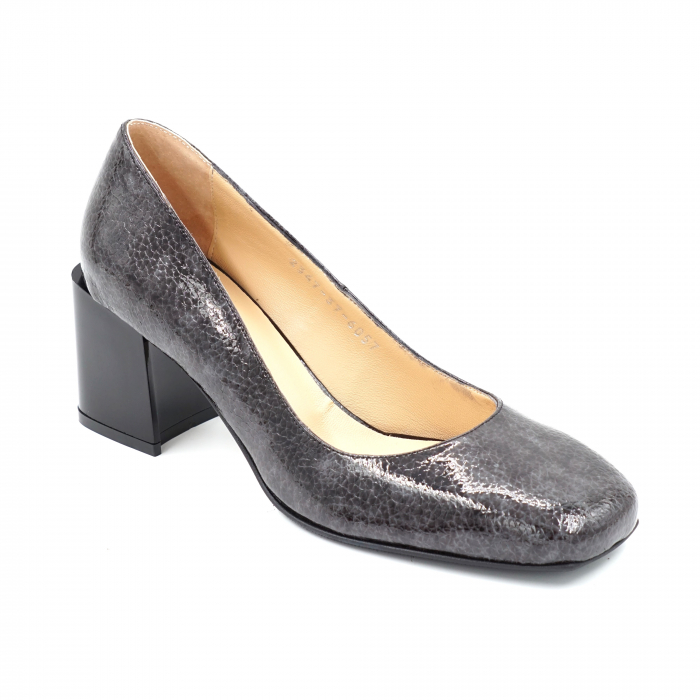 Pantofi dama din piele naturala lacuita croco gri marmorat cu varf patrat si toc mic gros 6 cm 6067-24 [2]