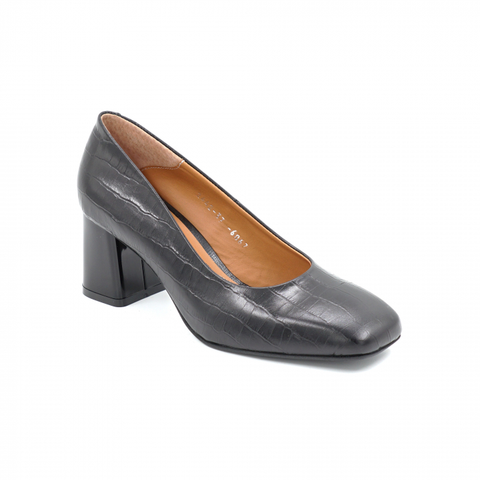 Pantofi dama din piele naturala croco negru mat cu varf patrat si toc mic gros 6 cm 6067-25 [2]