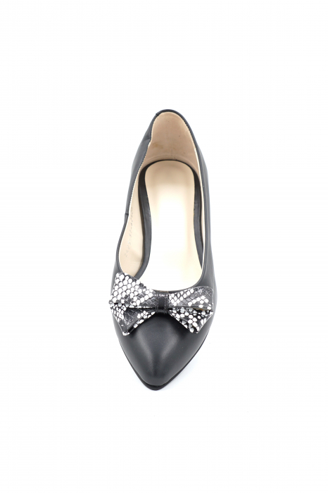 Pantofi dama tip balerini din piele naturala neagra si cu imprimeu sarpe alb negru cu varf ascutit stileto si toc mic gros imbracat 1 cm 62420-4-24 [6]