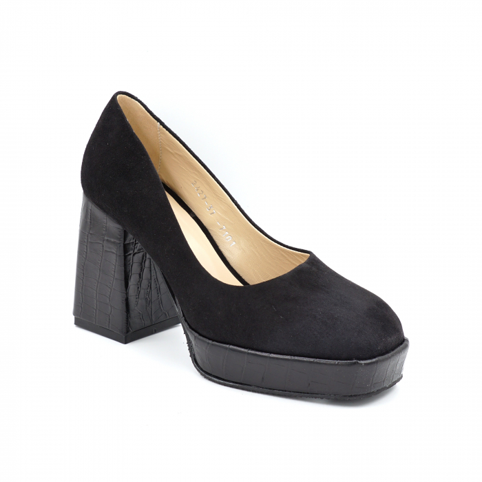 Pantofi dama din piele naturala intoarsa neagra si croco negru cu varf patrat, platforma 2 cm si toc inalt gros imbracat 9 cm 7101-1-24 [3]