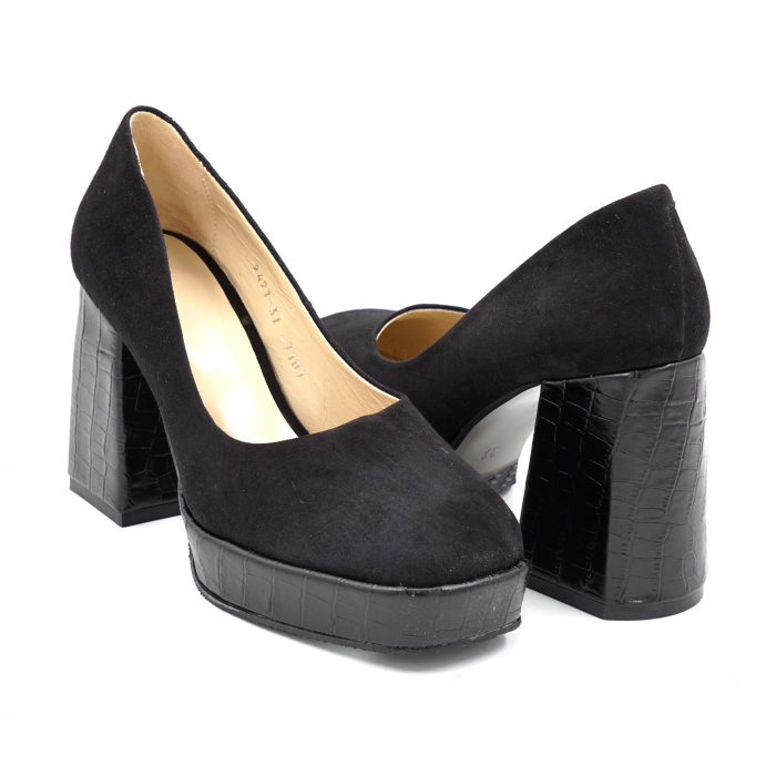 Pantofi dama din piele naturala intoarsa si lacuita neagra cu varf patrat, platforma 2 cm si toc inalt gros imbracat 9 cm 7101-1-24 [2]