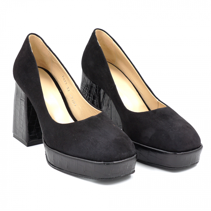 Pantofi dama din piele naturala intoarsa neagra si croco negru cu varf patrat, platforma 2 cm si toc inalt gros imbracat 9 cm 7101-1-24 [4]