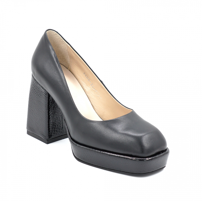 Pantofi dama din piele naturala neagra simpla cu varf patrat, platforma 2 cm si toc inalt gros imbracat 9 cm 7101-2-24 [3]