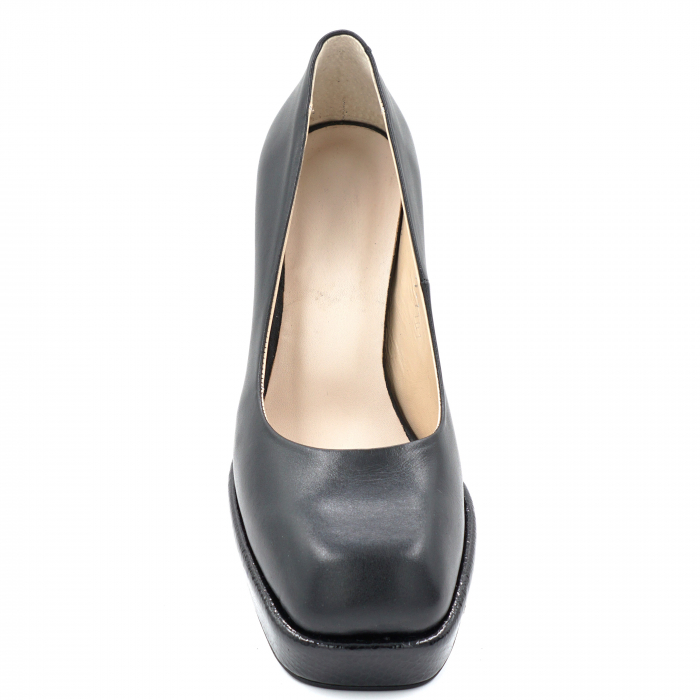 Pantofi dama din piele naturala neagra simpla cu varf patrat, platforma 2 cm si toc inalt gros imbracat 9 cm 7101-2-24 [6]