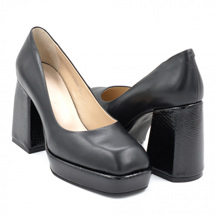 Pantofi dama din piele naturala neagra simpla cu varf patrat, platforma 2 cm si toc inalt gros imbracat 9 cm 7101-2-24 [2]