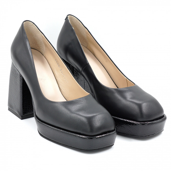 Pantofi dama din piele naturala neagra simpla cu varf patrat, platforma 2 cm si toc inalt gros imbracat 9 cm 7101-2-24 [5]