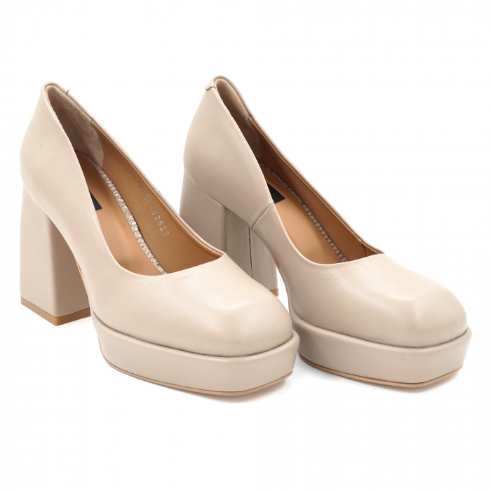 Pantofi dama din piele naturala nude bej roze cu varf patrat, platforma 2 cm si toc inalt gros imbracat 9 cm 7101-24 [3]