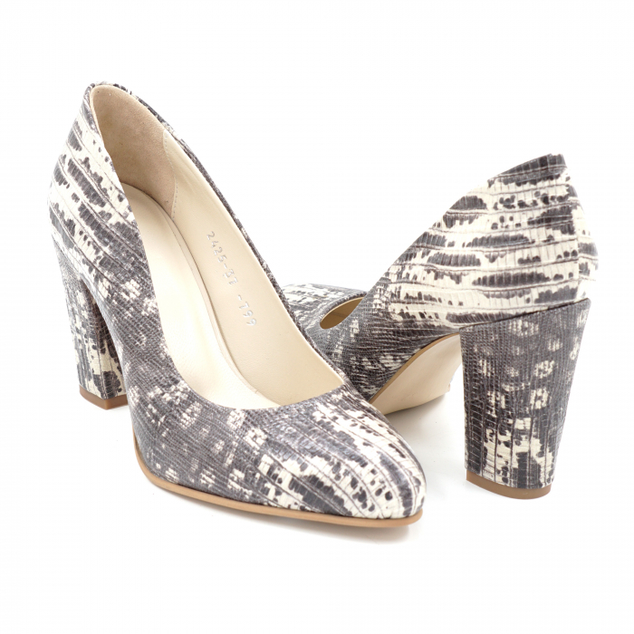 Pantofi dama din piele naturala imprimeu bej degrade cu varf ascutit si toc mediu gros imbracat 8 cm 799-1-24 [4]