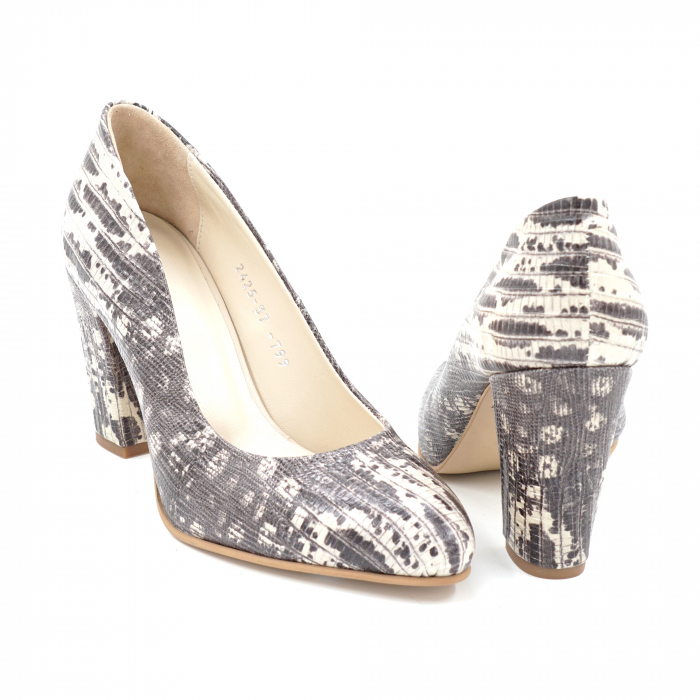 Pantofi dama din piele naturala imprimeu bej degrade cu varf ascutit si toc mediu gros imbracat 8 cm 799-1-24 [5]