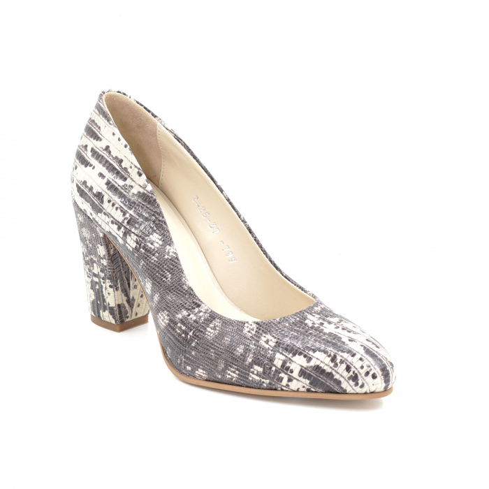 Pantofi dama din piele naturala imprimeu bej degrade cu varf ascutit si toc mediu gros imbracat 8 cm 799-1-24 [2]