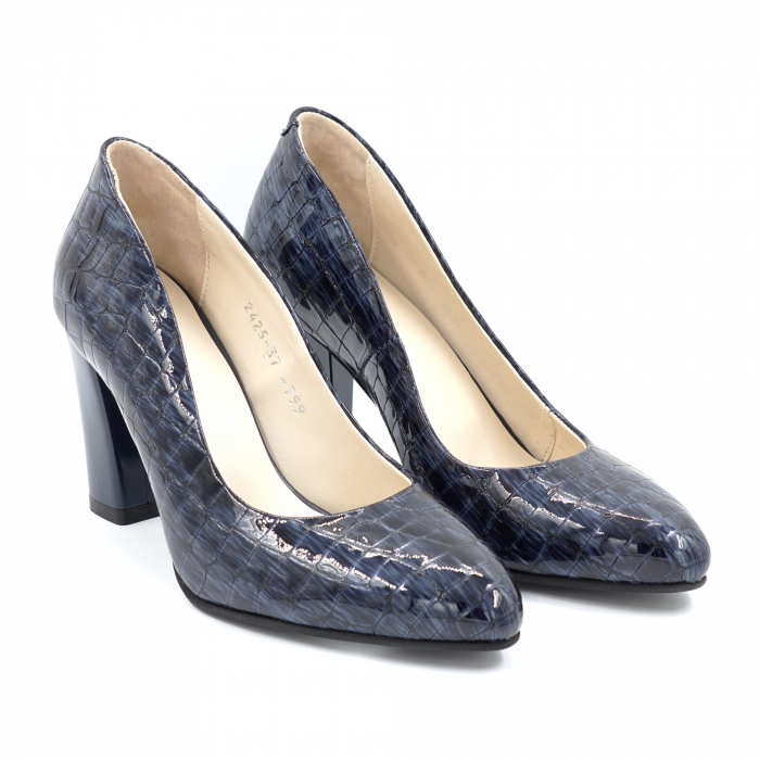 Pantofi dama din piele naturala lacuita bleumaren cu varf ascutit si toc mediu gros 8 cm 799-24 [3]