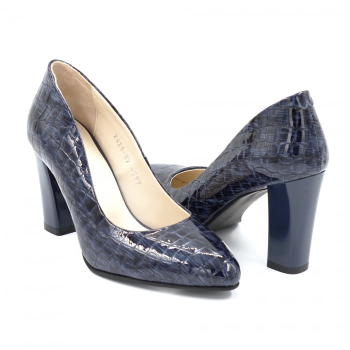 Pantofi dama din piele naturala lacuita bleumaren cu varf ascutit si toc mediu gros 8 cm 799-24 [4]