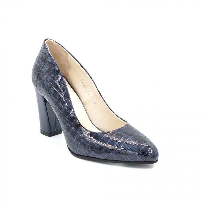 Pantofi dama din piele naturala lacuita bleumaren cu varf ascutit si toc mediu gros 8 cm 799-24 [2]