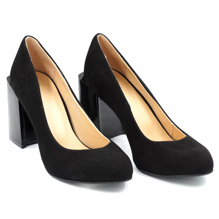 Pantofi dama din piele naturala intoarsa neagra cu varf rotund si toc mediu gros 8 cm 8052-24 [3]
