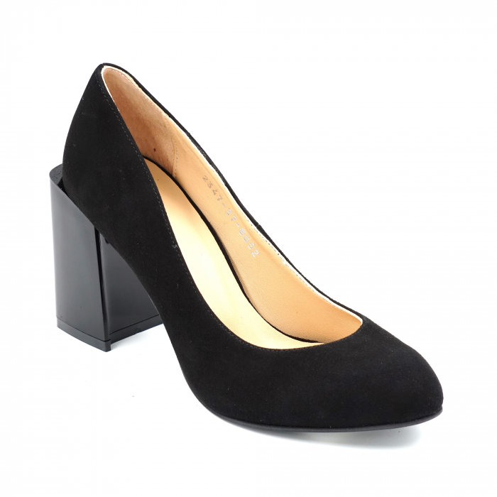 Pantofi dama din piele naturala intoarsa neagra cu varf rotund si toc mediu gros 8 cm 8052-24 [2]