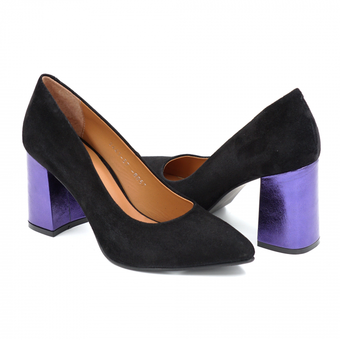 Pantofi dama din piele naturala intoarsa neagra cu varf ascutit stileto si toc mediu gros imbracat 8 cm 8057-1-25 [3]
