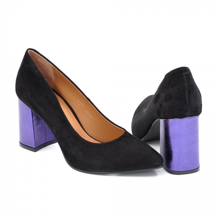 Pantofi dama din piele naturala intoarsa neagra cu varf ascutit stileto si toc mediu gros imbracat 8 cm 8057-1-25 [4]