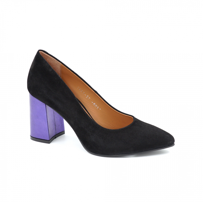 Pantofi dama din piele naturala intoarsa neagra cu varf ascutit stileto si toc mediu gros imbracat 8 cm 8057-1-25 [2]