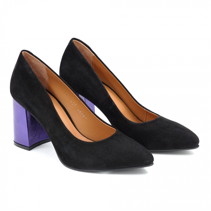 Pantofi dama din piele naturala intoarsa neagra cu varf ascutit stileto si toc mediu gros imbracat 8 cm 8057-1-25 [5]