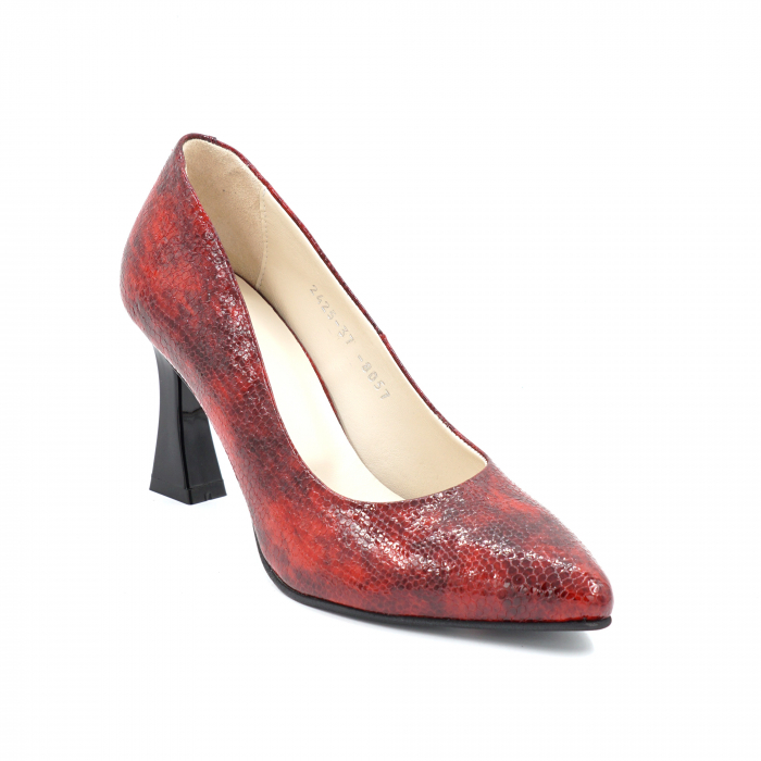 Pantofi dama din piele naturala lacuita imprimeu croco rosu degrade cu varf ascutit stileto si toc mediu subtire 8 cm 8057-10-24 [2]