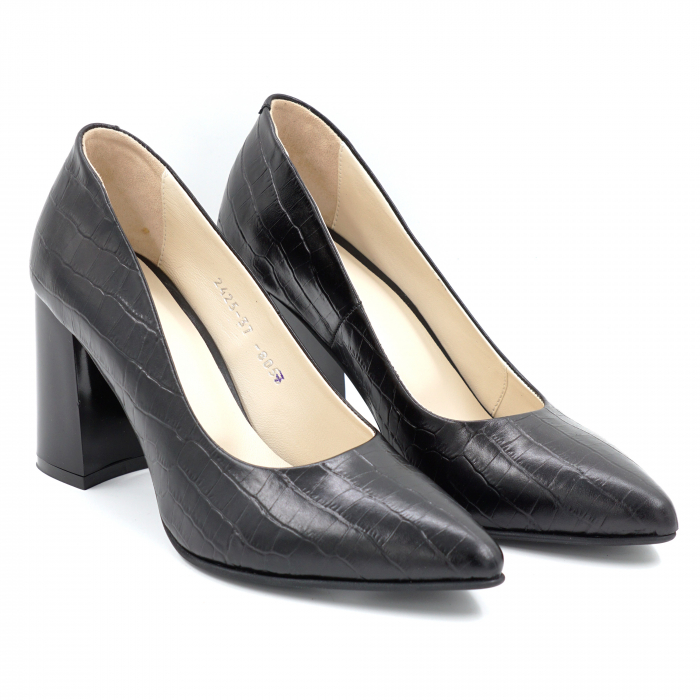 Pantofi dama din piele naturala imprimeu croco mat negru cu varf ascutit stileto si toc mediu gros 8 cm 8057-11-24 [3]