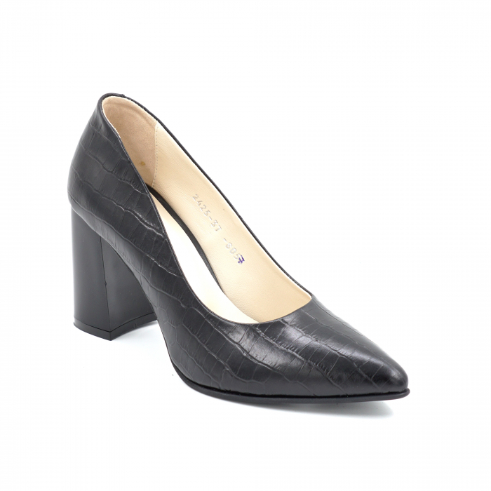 Pantofi dama din piele naturala imprimeu croco mat negru cu varf ascutit stileto si toc mediu gros 8 cm 8057-11-24 [2]