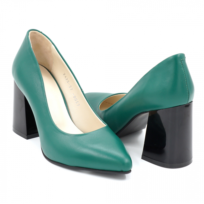 Pantofi dama din piele naturala verde menta cu varf ascutit stileto si toc mediu gros 8 cm 8057-12-24 [3]