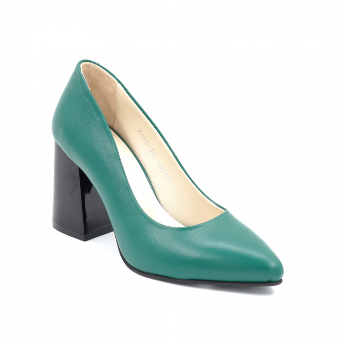 Pantofi dama din piele naturala verde menta cu varf ascutit stileto si toc mediu gros 8 cm 8057-12-24 [2]