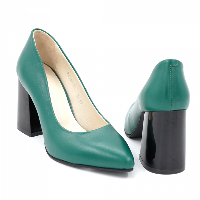Pantofi dama din piele naturala verde menta cu varf ascutit stileto si toc mediu gros 8 cm 8057-12-24 [4]