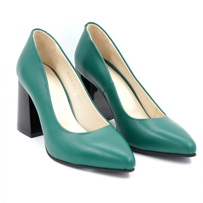 Pantofi dama din piele naturala verde menta cu varf ascutit stileto si toc mediu gros 8 cm 8057-12-24 [5]