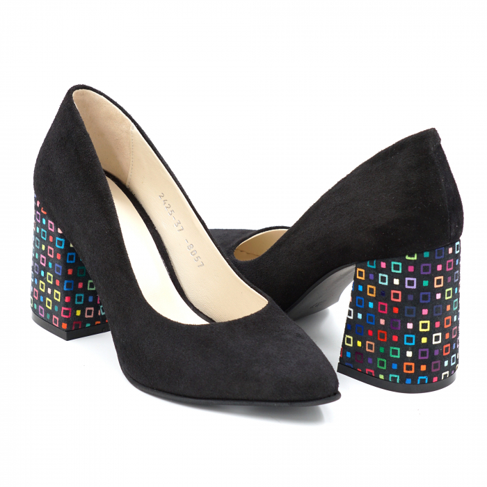 Pantofi dama din piele naturala intoarsa neagra si cu imprimeu multicolor cu varf ascutit stileto si toc mediu gros imbracat 8 cm 8057-13-24 [2]