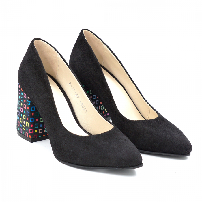 Pantofi dama din piele naturala intoarsa neagra si cu imprimeu multicolor cu varf ascutit stileto si toc mediu gros imbracat 8 cm 8057-13-24 [4]