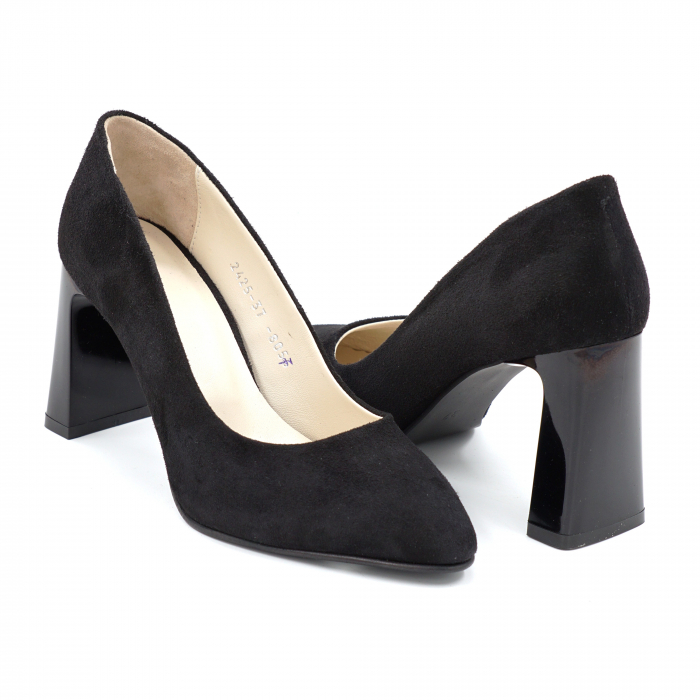 Pantofi dama din piele naturala intoarsa neagra cu varf ascutit stileto si toc mediu gros tip bricheta 8 cm 8057-14-24 [2]