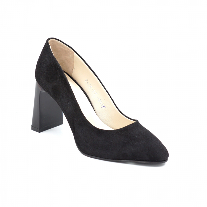 Pantofi dama din piele naturala intoarsa neagra cu varf ascutit stileto si toc mediu gros tip bricheta 8 cm 8057-14-24 [3]