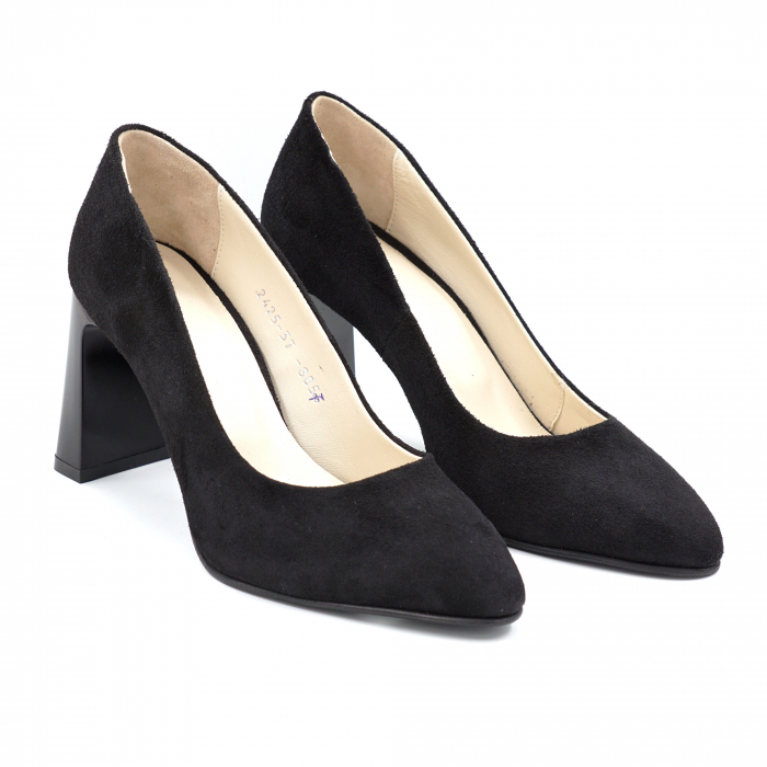 Pantofi dama din piele naturala intoarsa neagra cu varf ascutit stileto si toc mediu gros tip bricheta 8 cm 8057-14-24 [4]