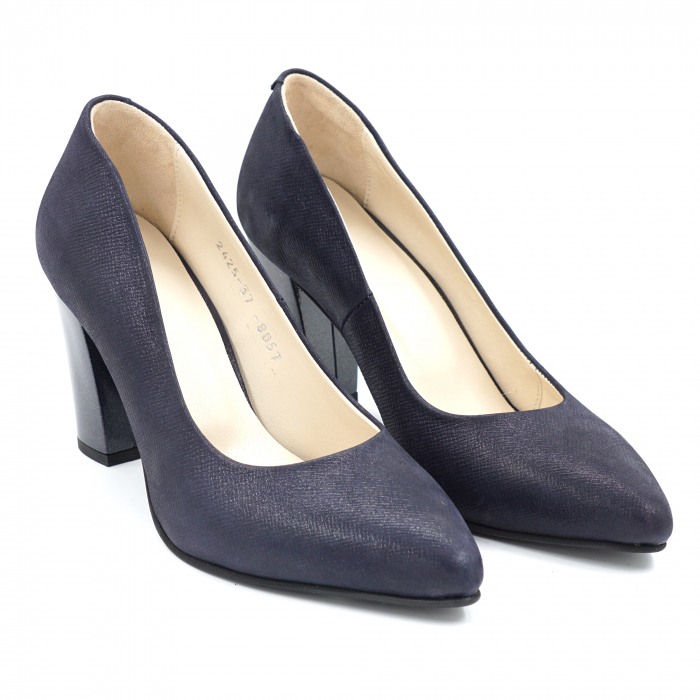 Pantofi dama din piele naturala neagra sidef cu varf ascutit stileto si toc mediu gros 8 cm 8057-15-24 [3]