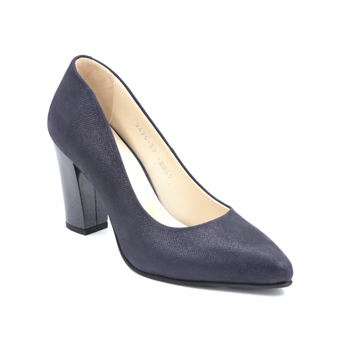 Pantofi dama din piele naturala neagra sidef cu varf ascutit stileto si toc mediu gros 8 cm 8057-15-24 [2]