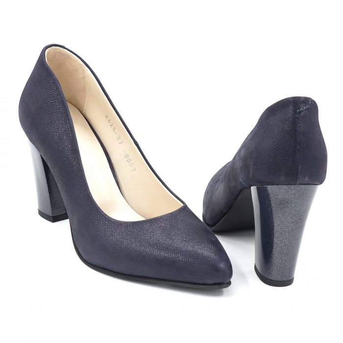 Pantofi dama din piele naturala bleumaren sidef cu varf ascutit stileto si toc mediu gros 8 cm 8057-15-24 [4]