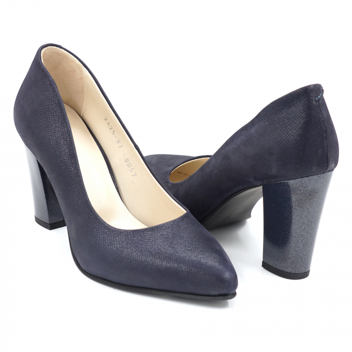 Pantofi dama din piele naturala bleumaren sidef cu varf ascutit stileto si toc mediu gros 8 cm 8057-15-24 [5]