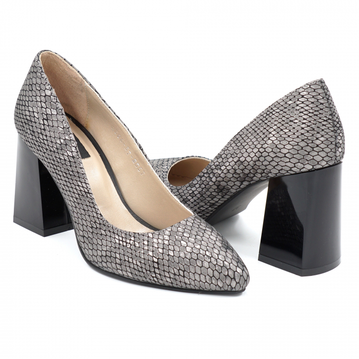 Pantofi dama din piele naturala cu imprimeu sarpe gri metalizat cu varf ascutit stileto si toc mediu gros 8 cm 8057-16-24 [3]