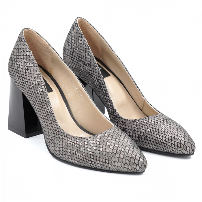 Pantofi dama din piele naturala cu imprimeu sarpe gri metalizat cu varf ascutit stileto si toc mediu gros 8 cm 8057-16-24 [4]
