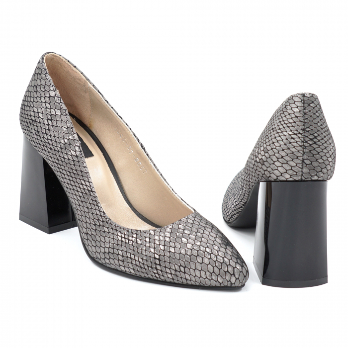 Pantofi dama din piele naturala cu imprimeu sarpe gri metalizat cu varf ascutit stileto si toc mediu gros 8 cm 8057-16-24 [5]