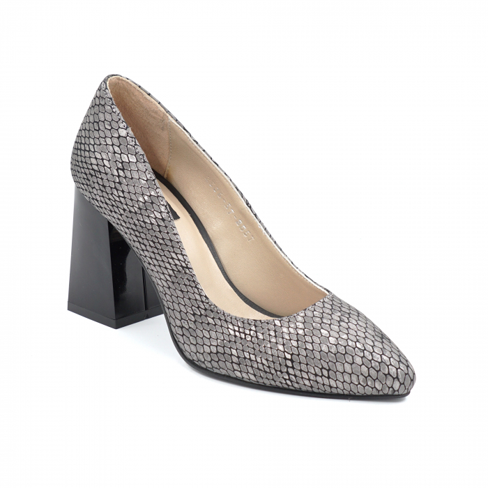 Pantofi dama din piele naturala cu imprimeu sarpe gri metalizat cu varf ascutit stileto si toc mediu gros 8 cm 8057-16-24 [2]