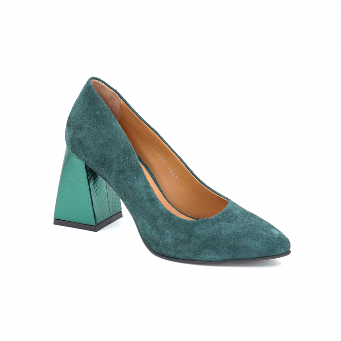 Pantofi dama din piele naturala intoarsa verde menta si verde metalizat cu varf ascutit stileto si toc mediu gros imbracat 8 cm 8057-25 [2]