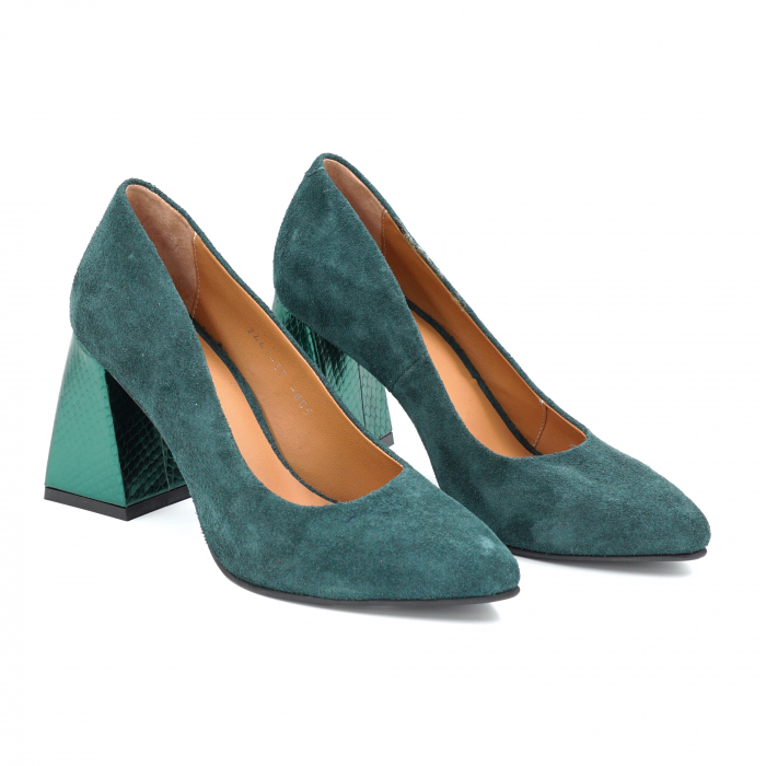 Pantofi dama din piele naturala intoarsa verde menta si verde metalizat cu varf ascutit stileto si toc mediu gros imbracat 8 cm 8057-25 [3]
