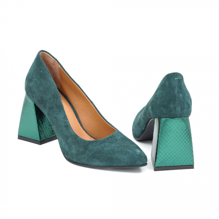 Pantofi dama din piele naturala intoarsa verde menta si verde metalizat cu varf ascutit stileto si toc mediu gros imbracat 8 cm 8057-25 [5]