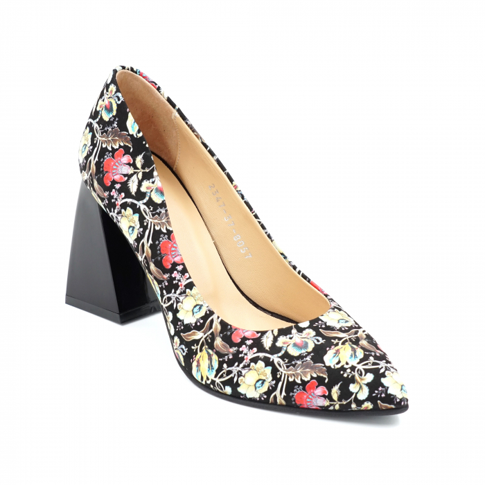 Pantofi dama din piele naturala cu imprimeu floral cu varf Ascutit si toc mediu gros 8 cm 8057-5-24 [2]