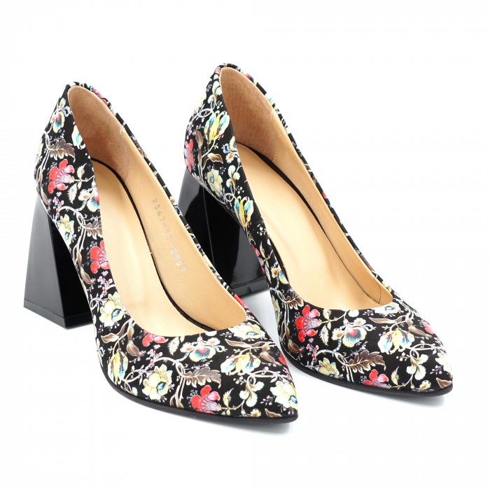 Pantofi dama din piele naturala cu imprimeu floral cu varf Ascutit si toc mediu gros 8 cm 8057-5-24 [3]