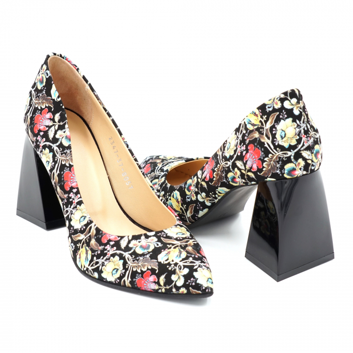 Pantofi dama din piele naturala cu imprimeu floral cu varf Ascutit si toc mediu gros 8 cm 8057-5-24 [4]