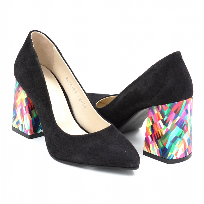 Pantofi dama din piele naturala intoarsa neagra si cu imprimeu colorat cu varf ascutit stileto si toc mediu gros imbracat 8 cm 8057-9-24 [3]